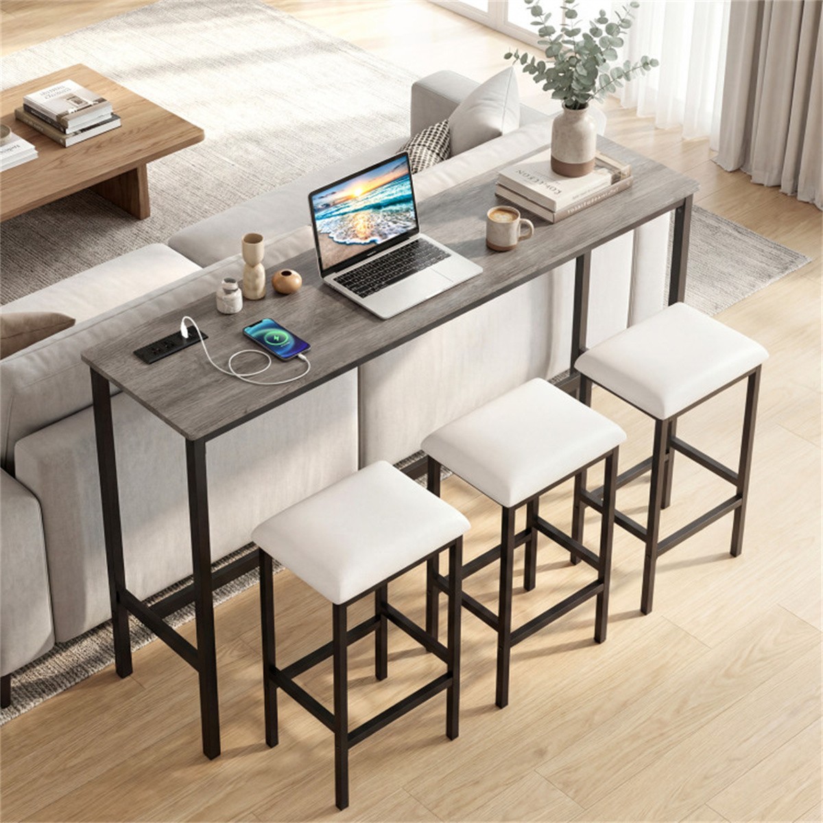 4 Piece Counter Height Bar Table Set with USB Ports Gray Pub Table with 3 Stools