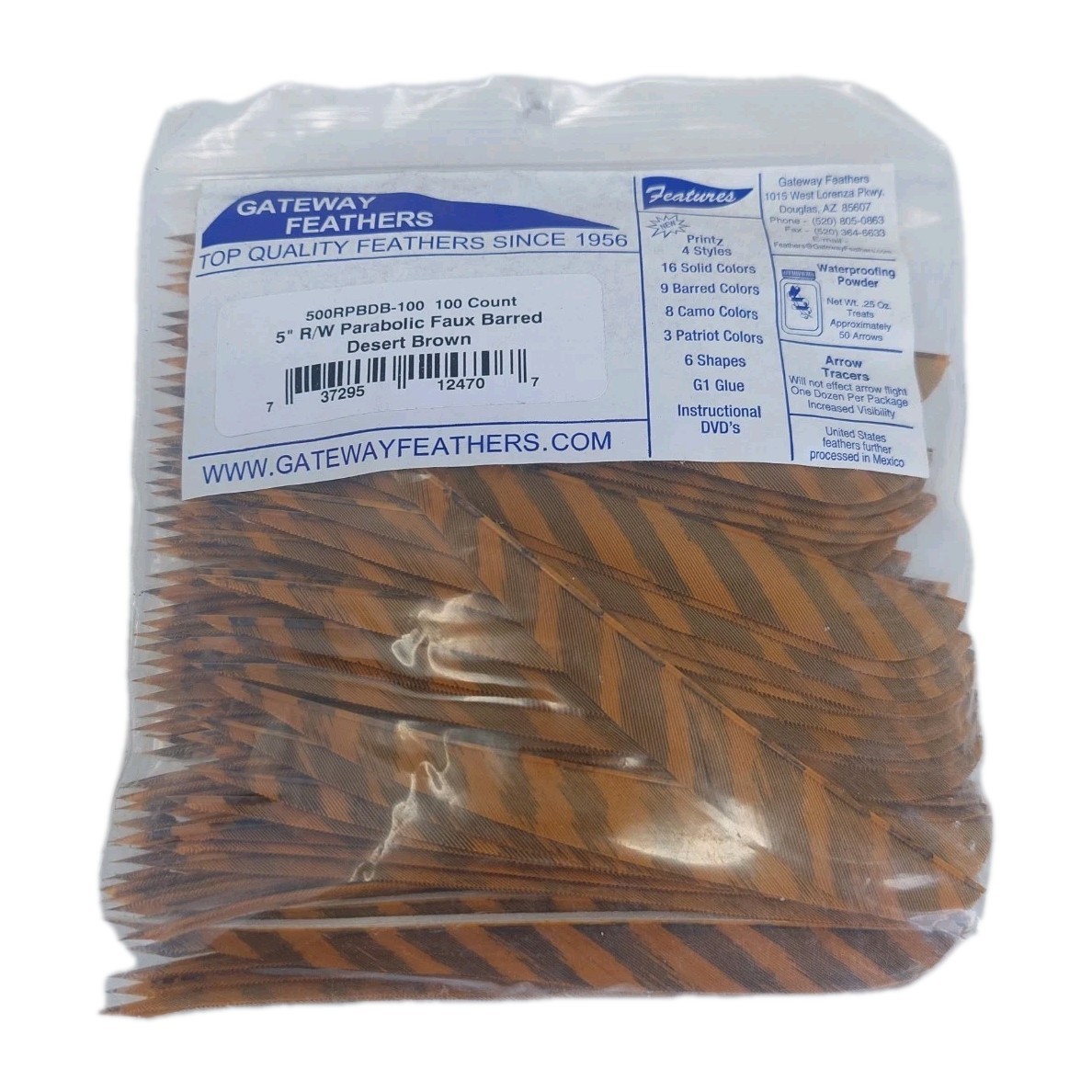 100 Pack Gateway Feathers 5" Right Wing: Parabolic Faux Barred Desert Brown