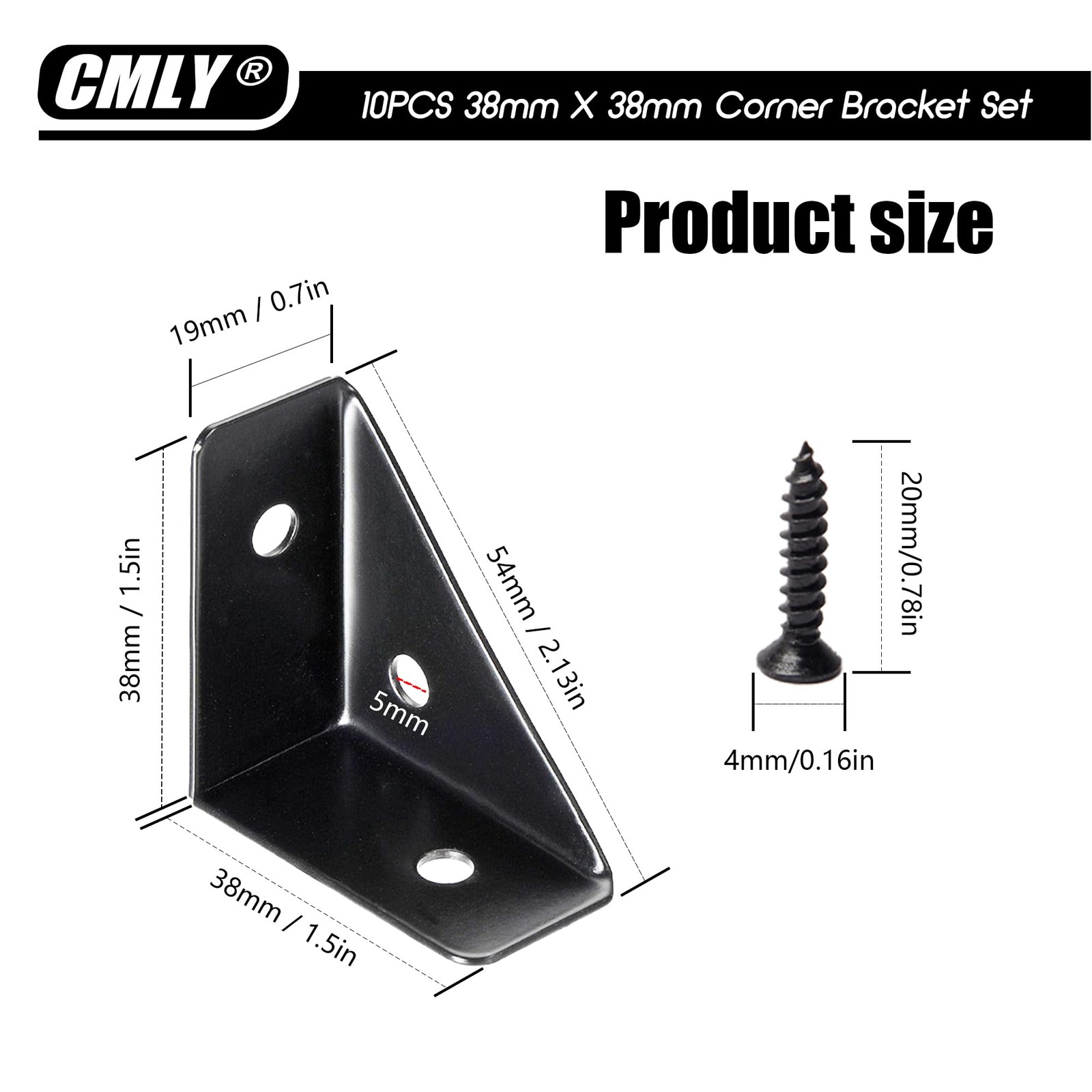 CMLY Corner Brackets, 10Pcs 38mm x 38mm, Black Steel, Triangle Medium,