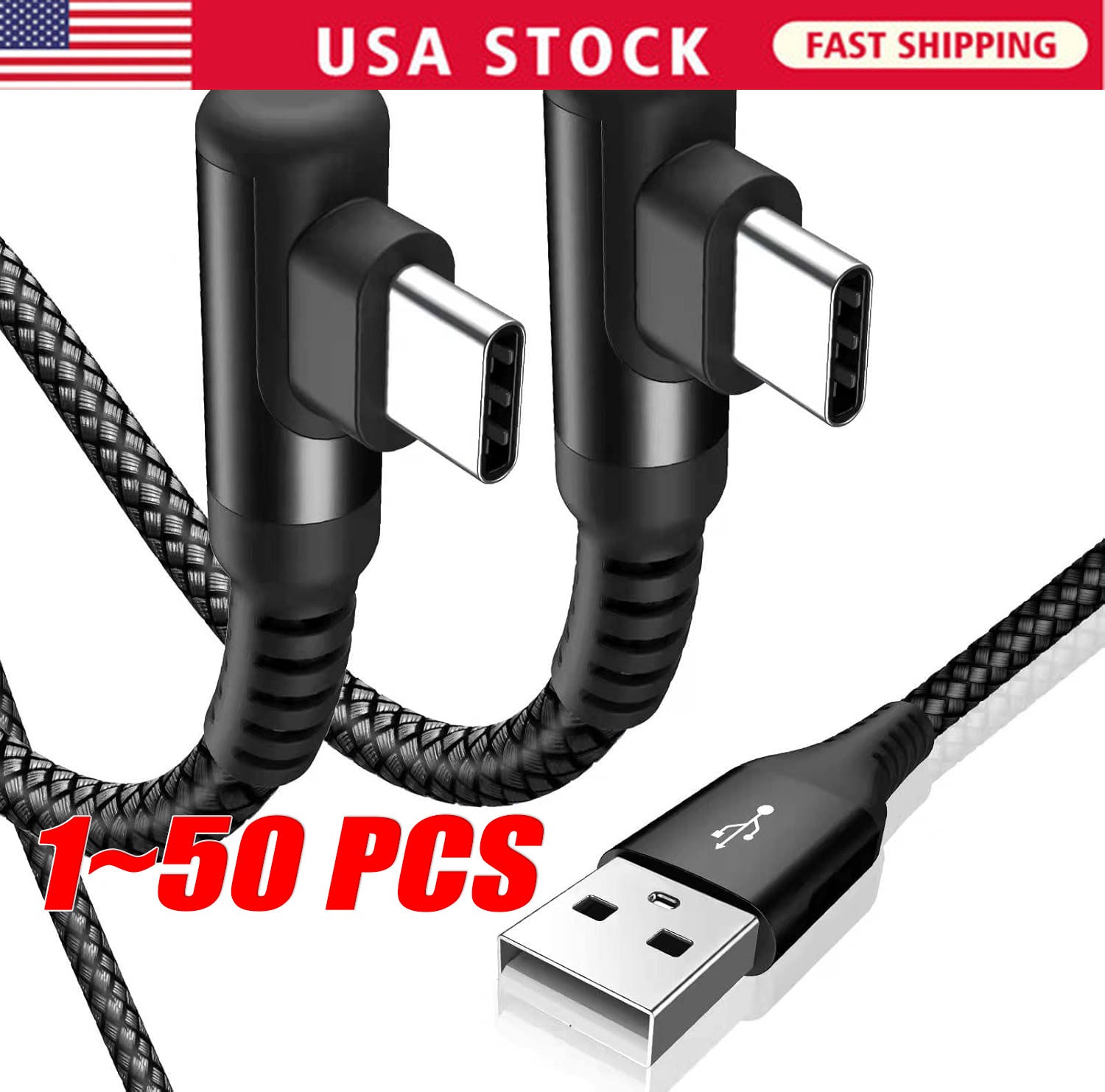 90 Degree Fast Charge USB-A to C Cable Type C Charger Cord L Quick Charging LOT