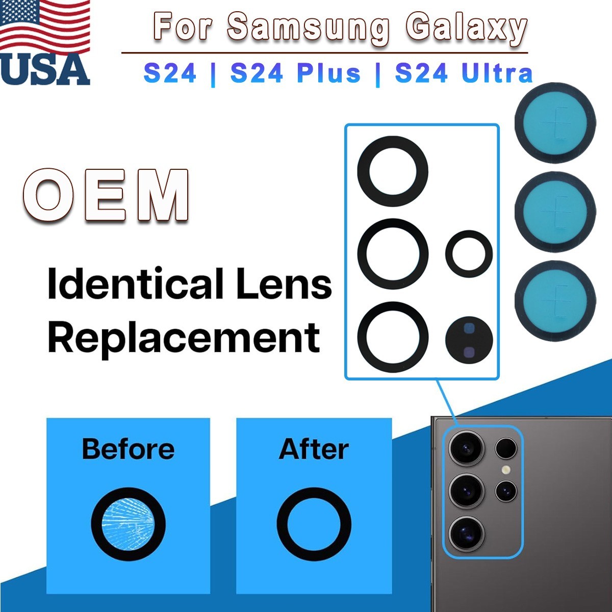 OEM Camera Lens Glass With Adhesive For Samsung Galaxy S24 /S24+ Plus /S24 Ultra