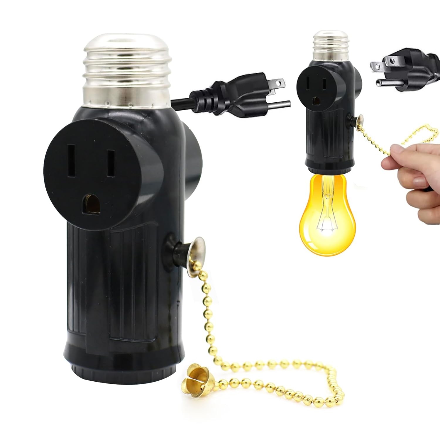 Light Socket to Plug Adapter 3 Prong Outlet Pull Chain Switch Bayonet EU