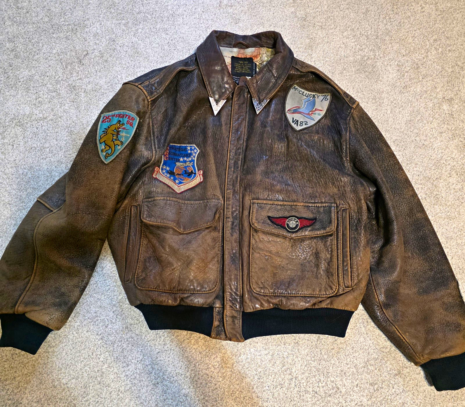 Avirex Type A-2 U.S. Army Air Forces Leather Flight Jacket w/ Patches and map