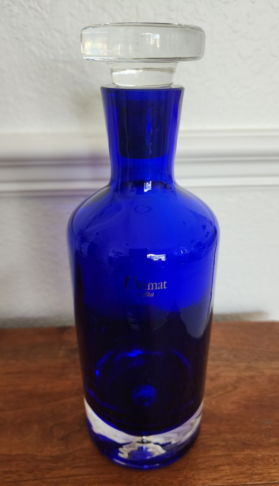 Ultimat Vodka Cobalt Blue & Clear Heavy Glass Bottle w/Stopper 11"Hx3.75"W Euc