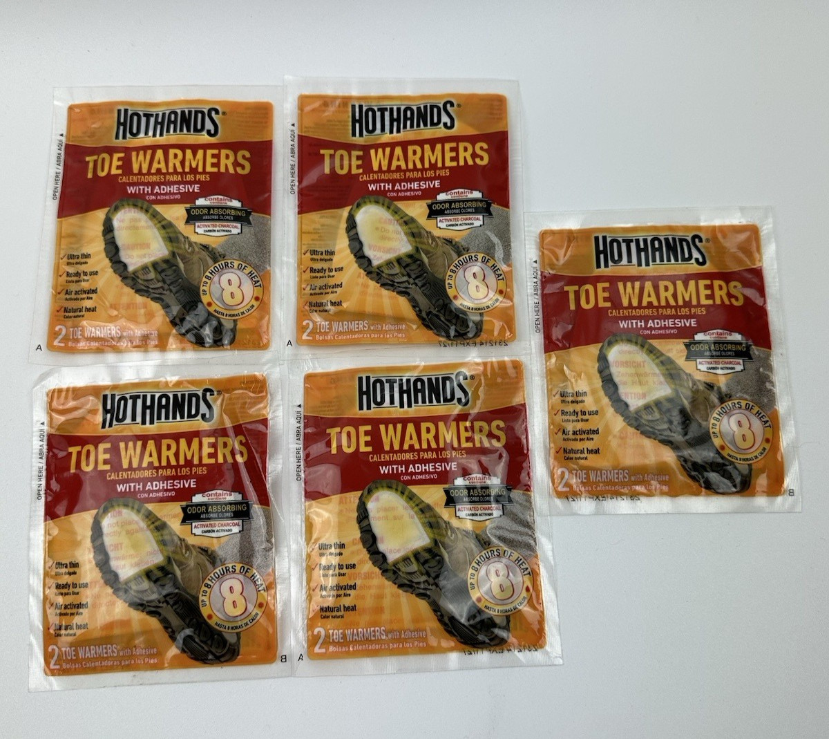 5 Packs Of 2 Hot Hands Toe  Warmers with Adhesive. Safe Natural Odorless Heat.