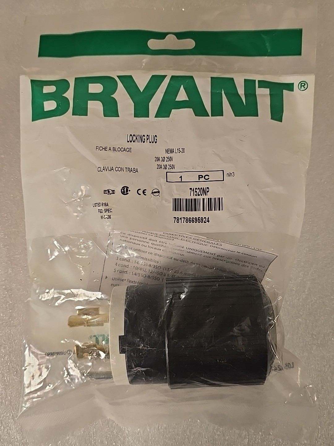 BRYANT LOCKING PLUG 71520NP NEMA, L5-20, 20A, 250V; Qty of 1