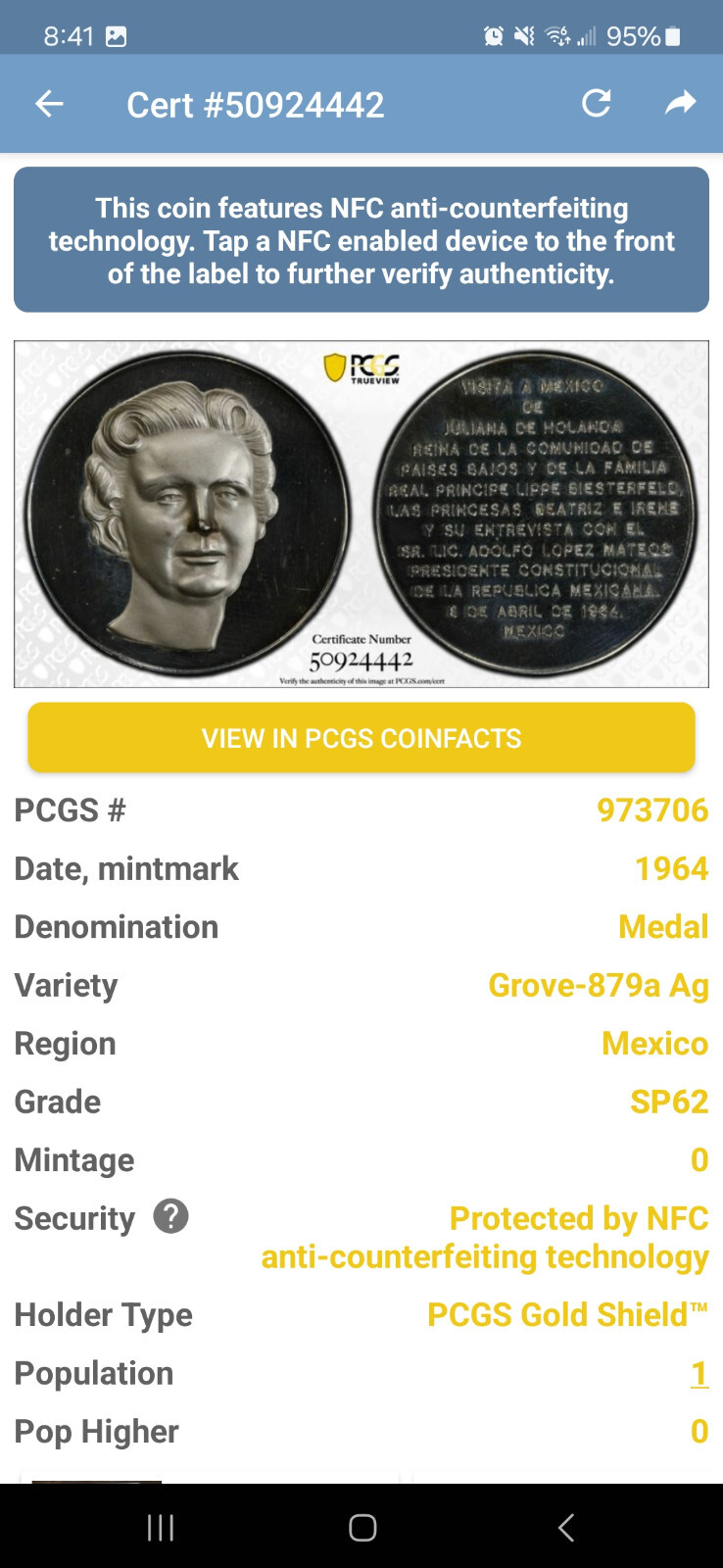 🌟 1964 Mexico SILVER Medal GROVE 879a Juliana Holanda PCGS SP62 Rare TOP POP 1