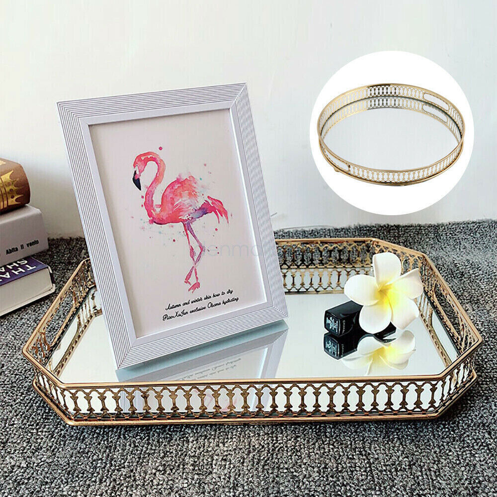 Vintage Octagon Mirror Glass Tray Bedroom Vanity Dresser Cosmetic Perfume Holder