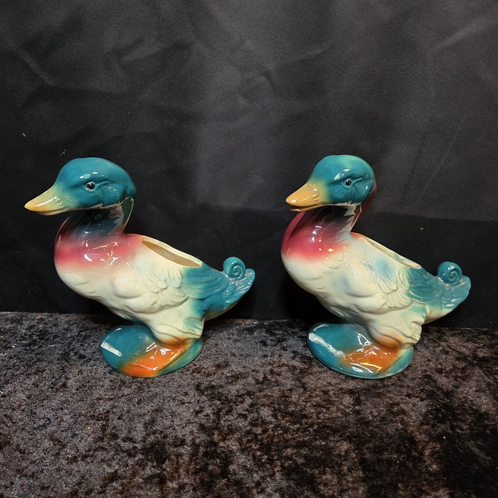 Vtg 1950's Pair Royal Copley Ceramic 8" Mallard Ducks Planters Lot Retro MCM