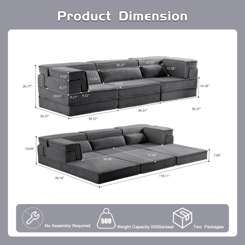 Convertible Floor Sofa Bed w/ Pillows, Dark Gray Circle Fleece Fabric