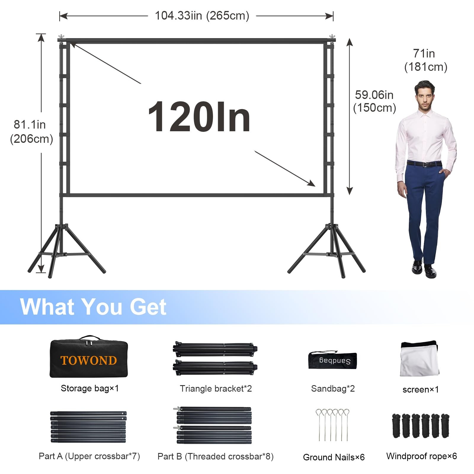 120 Inch Outdoor Projector Screen with Stand, 25mm Threaded Frame