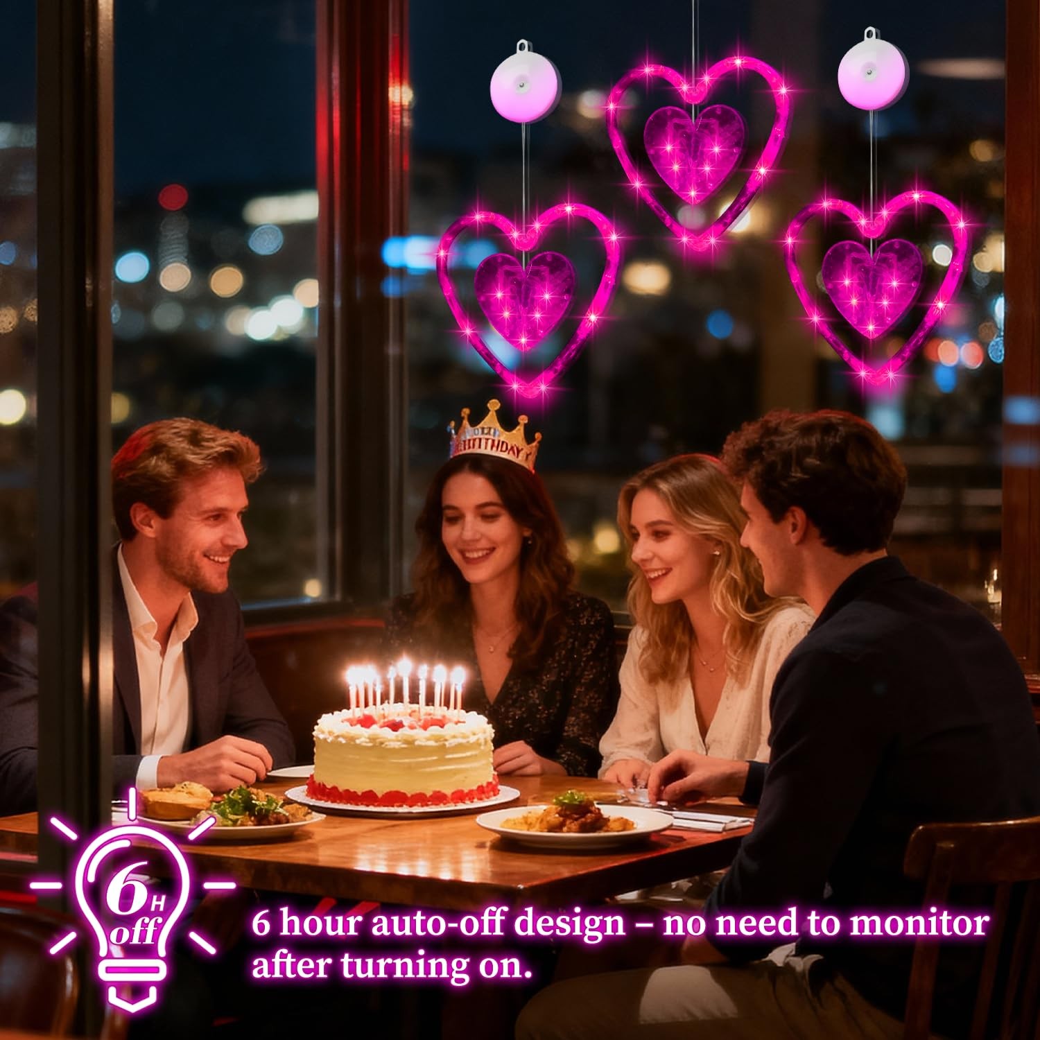 Artmag 3 Pcs Valentines Day Window Lights Decorations with Timer, Double Pink
