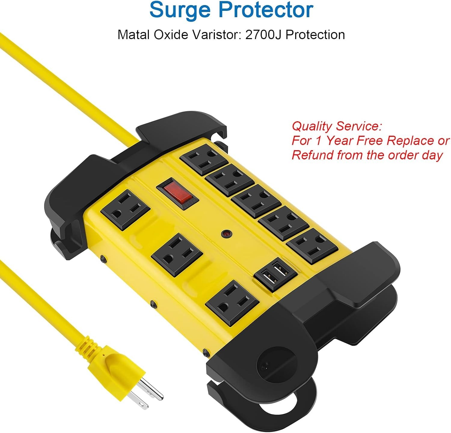 Heavy Duty 12FT Power Strip with 8 Outlets & USB, Ideal Workshop Surge Protector