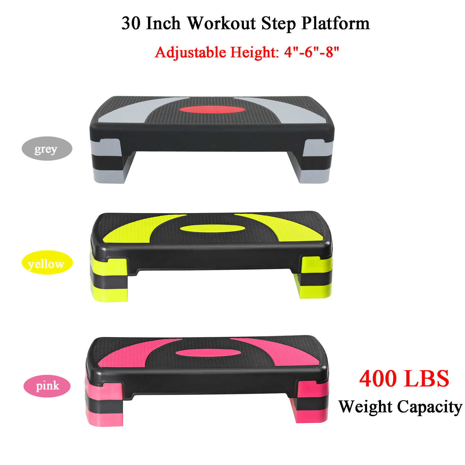 Step Aerobic Platform w/4 Stackable Riser Exercise Step Adjust 4"-6''-8''3 Color