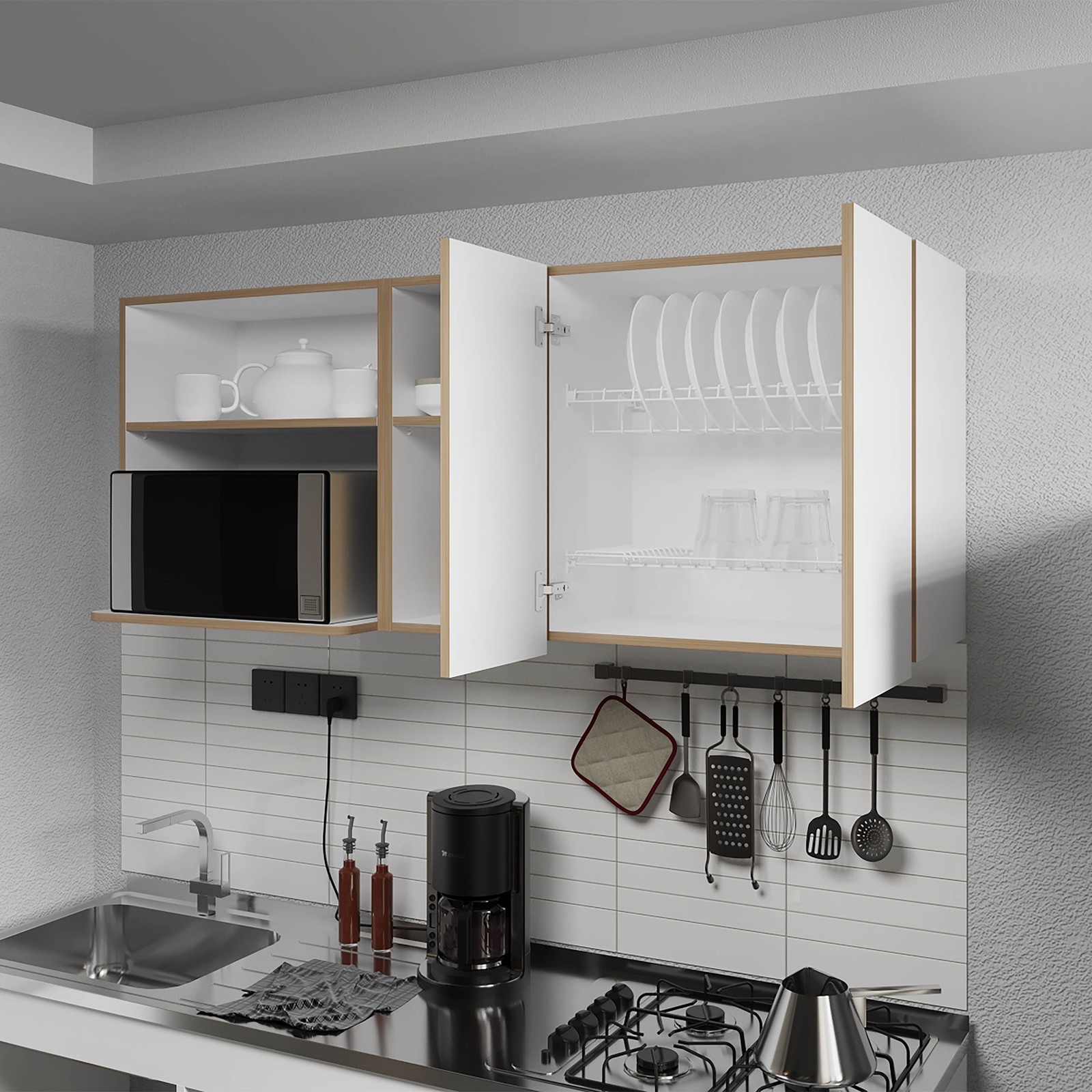 Wall-Mounted Kitchen Cabinet with Microwave Space, Open Shelves, and Double Do