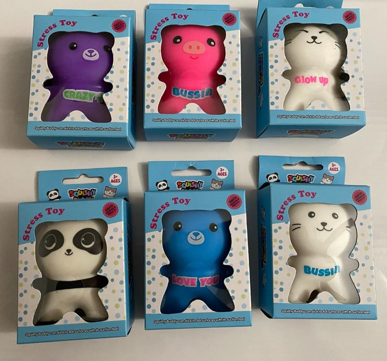Lot of 6 squishy buddy New -  Bussin/Love you/ Crazy/ Glow Up  Stress Relief Toy