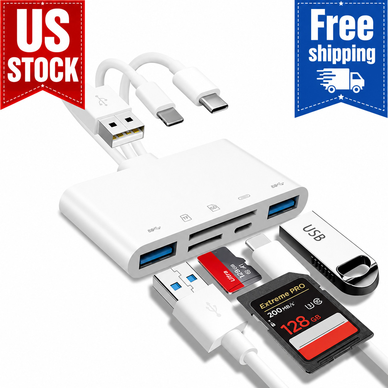 5 In 1 OTG Card Reader USB Multi Port Adapter for iPhone Android iPad