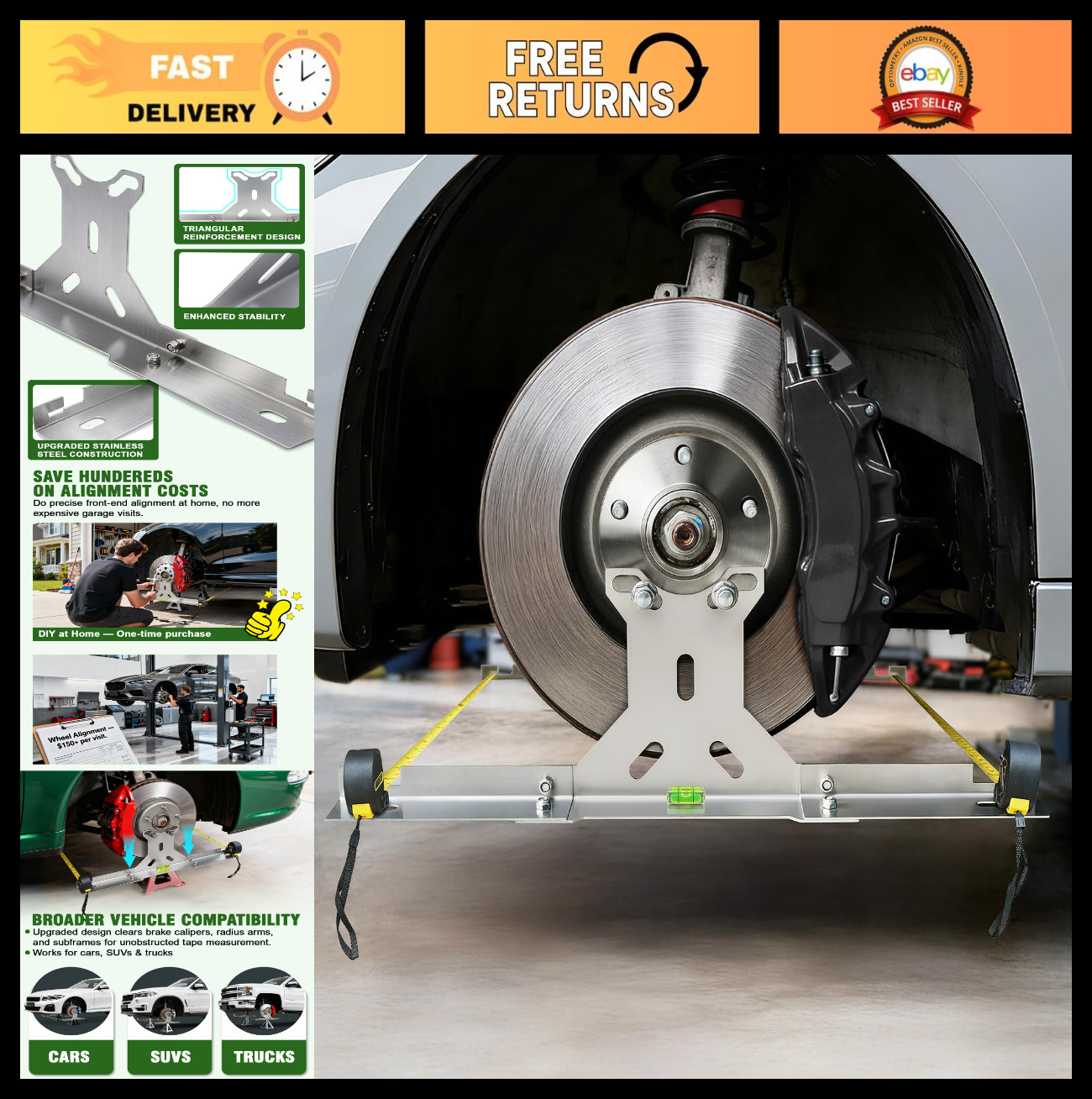 Toe Alignment Tool Kit for DIY Garage Use - Stainless Steel Plates & Dual Tape M