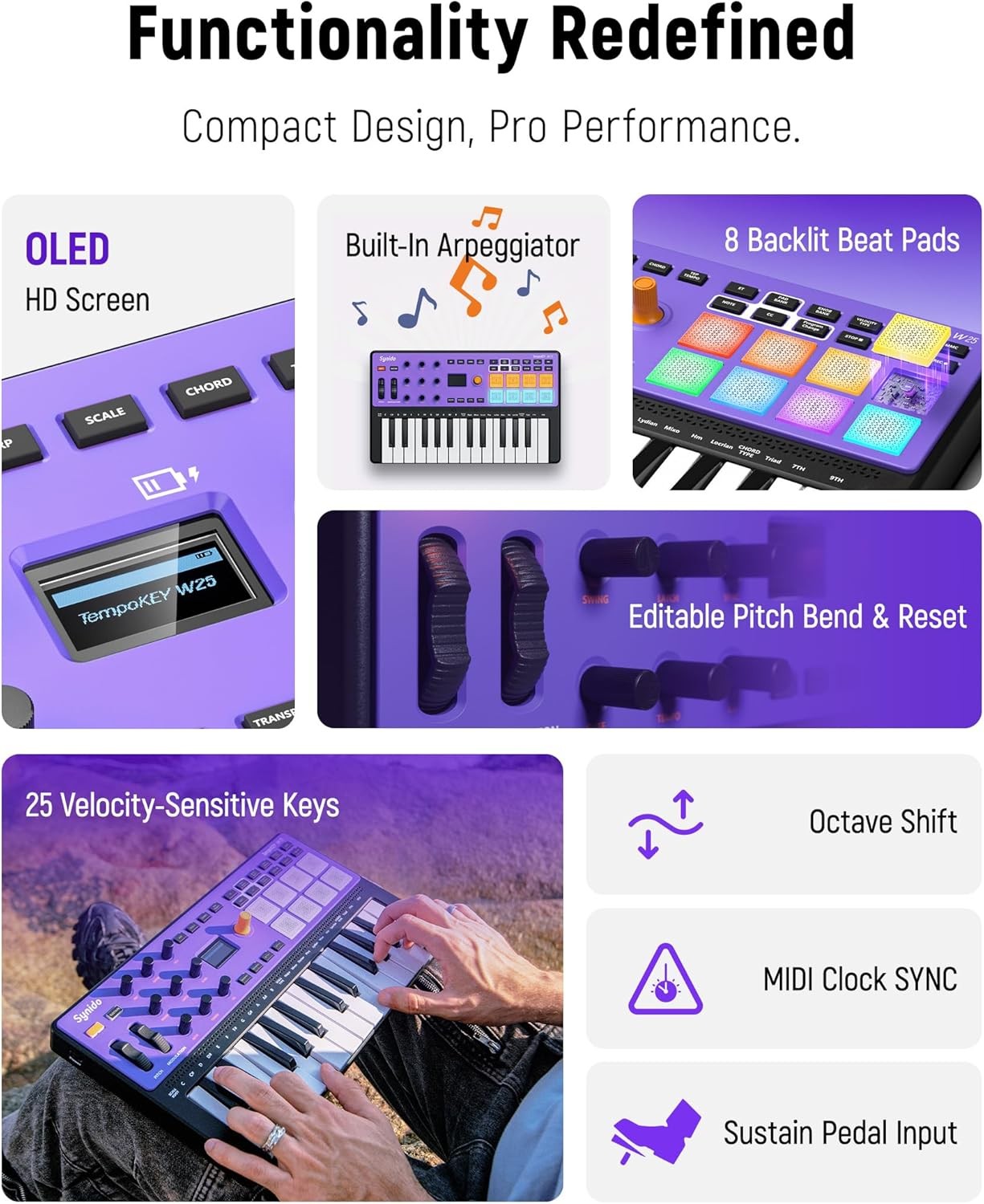 US Synido USB C Rechargeable MIDI Controller Keyboard 25 Keys TempoKEY W25