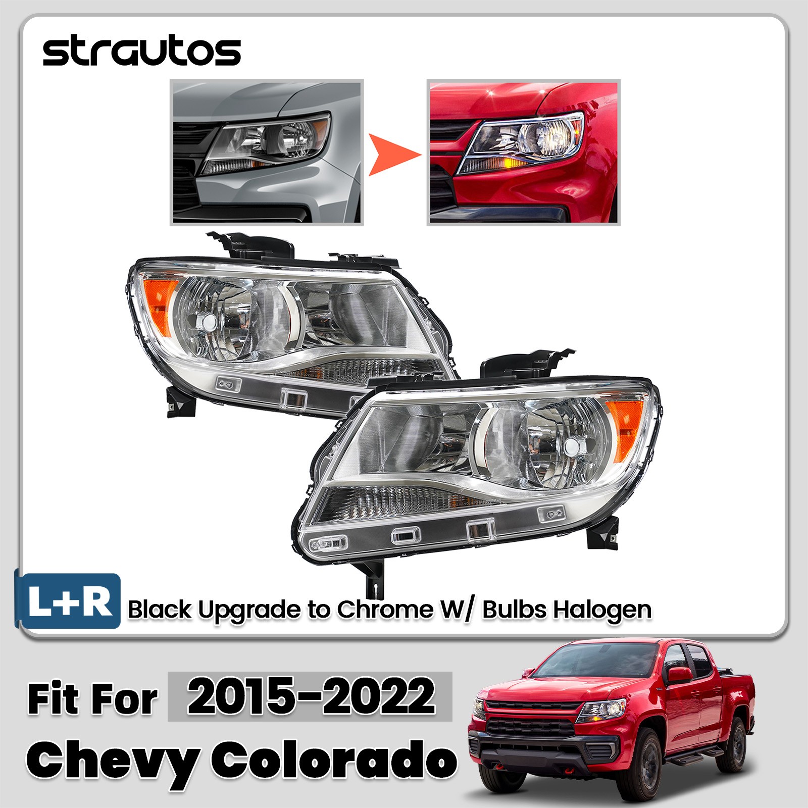 Black Upgrade to Chrome 2015-2022 Chevy Colorado Halogen Headlights LH＋RH Pair