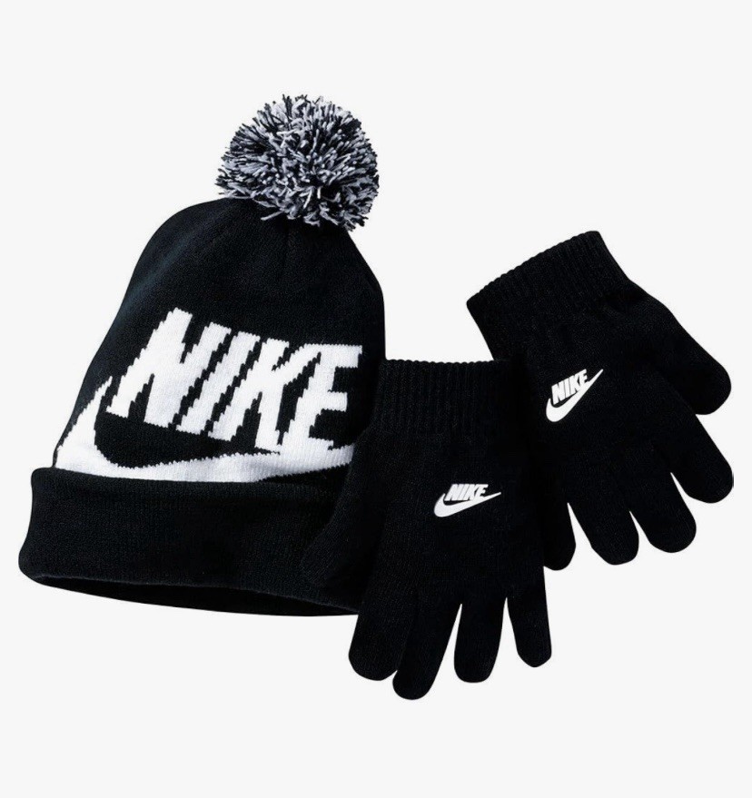 Nike Boys Big Kids Swoosh Beanie Hat Gloves Set Black/White 8-20 Big Kids NWT