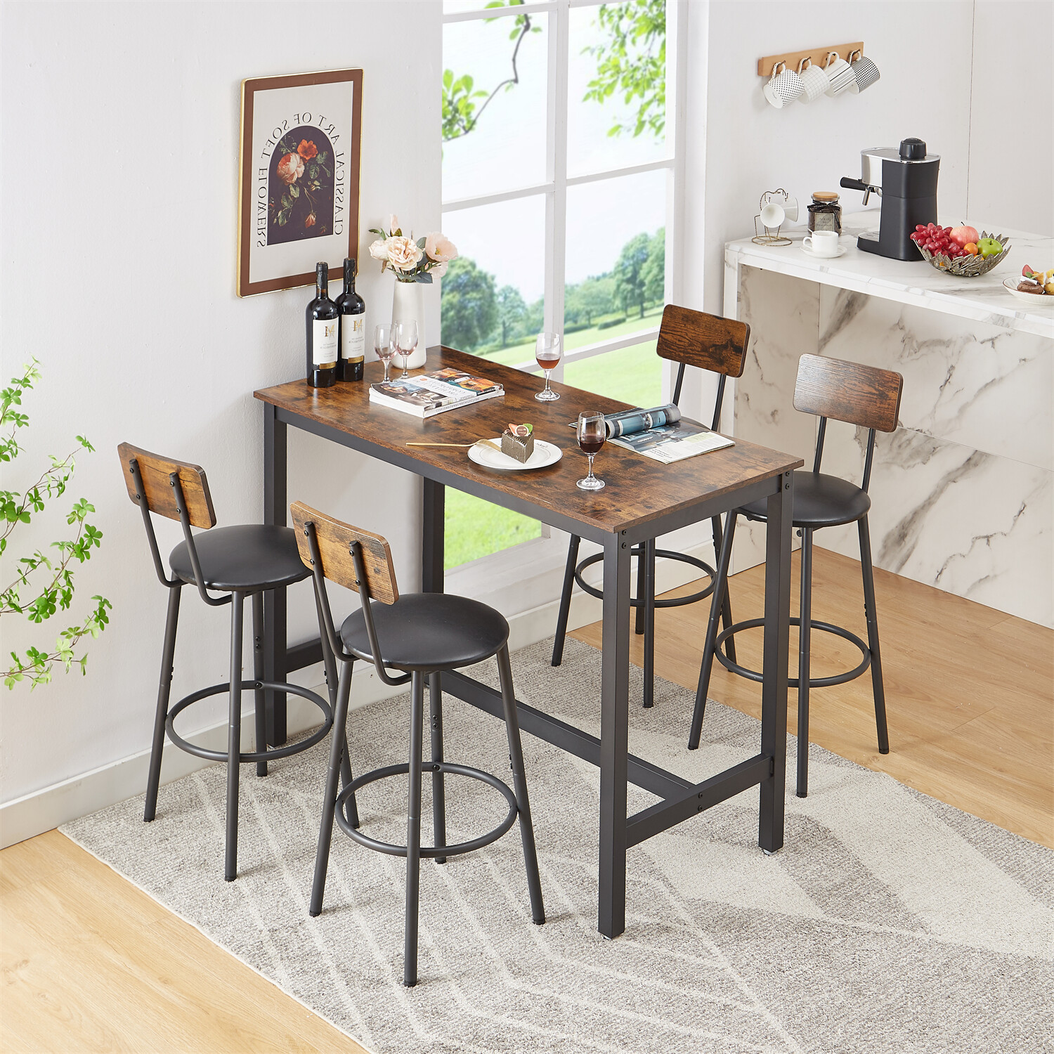 3/5 Piece Bar Table Set Counter Height Kitchen Dining Pub Table with Bar Stools