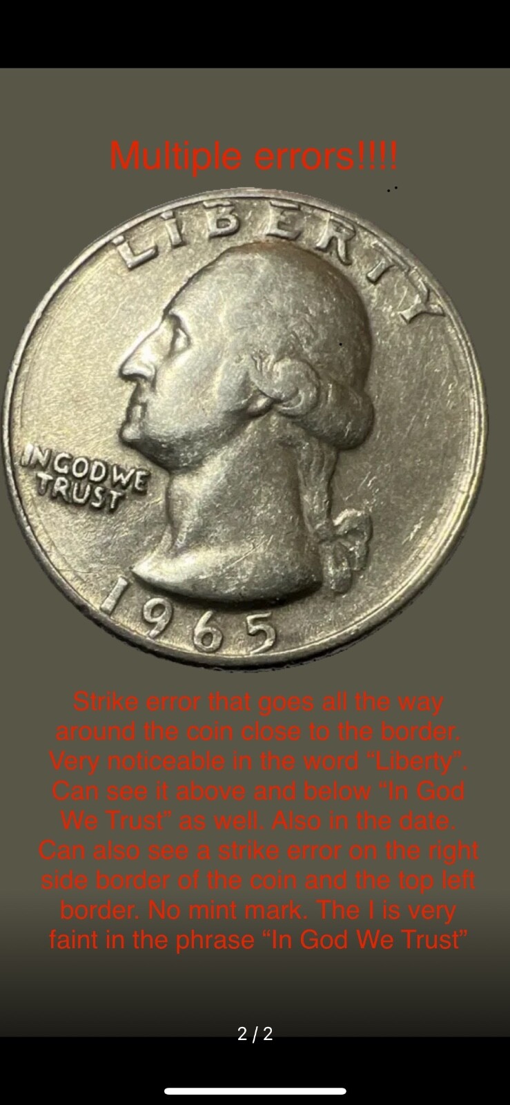1965 Washington Quarter Multiple Errors !!! It’s the only one I’ve seen like it.