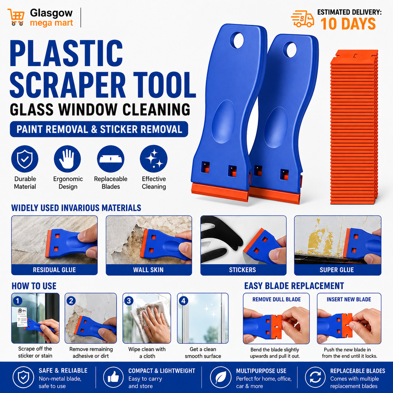 Plastic Scraper Tool Glass Window Cleaning Paint Removal Dirt Sticker Removal