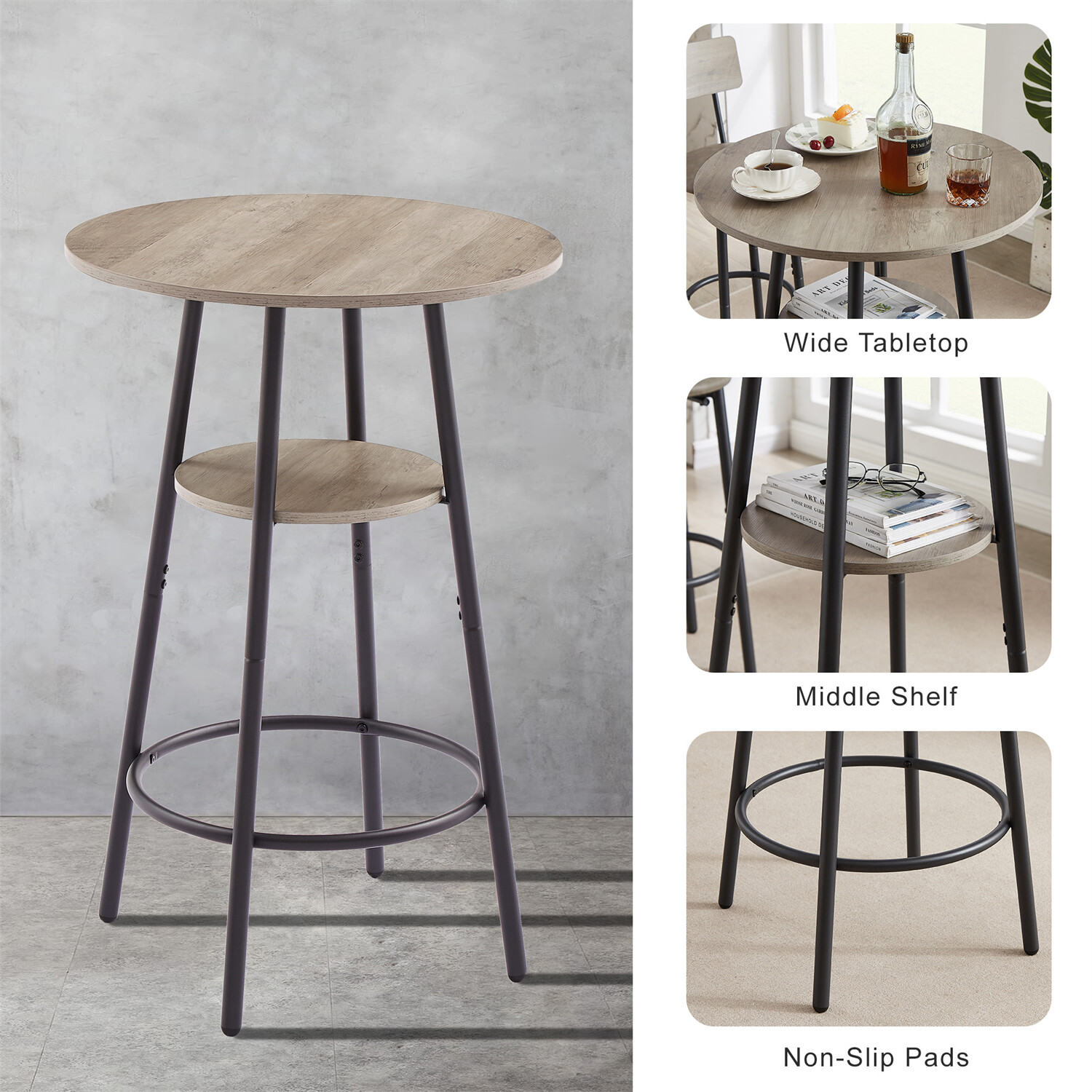 3 Piece Bar Table Set Counter Height Kitchen Table w/ 2 Upholstered Stools US