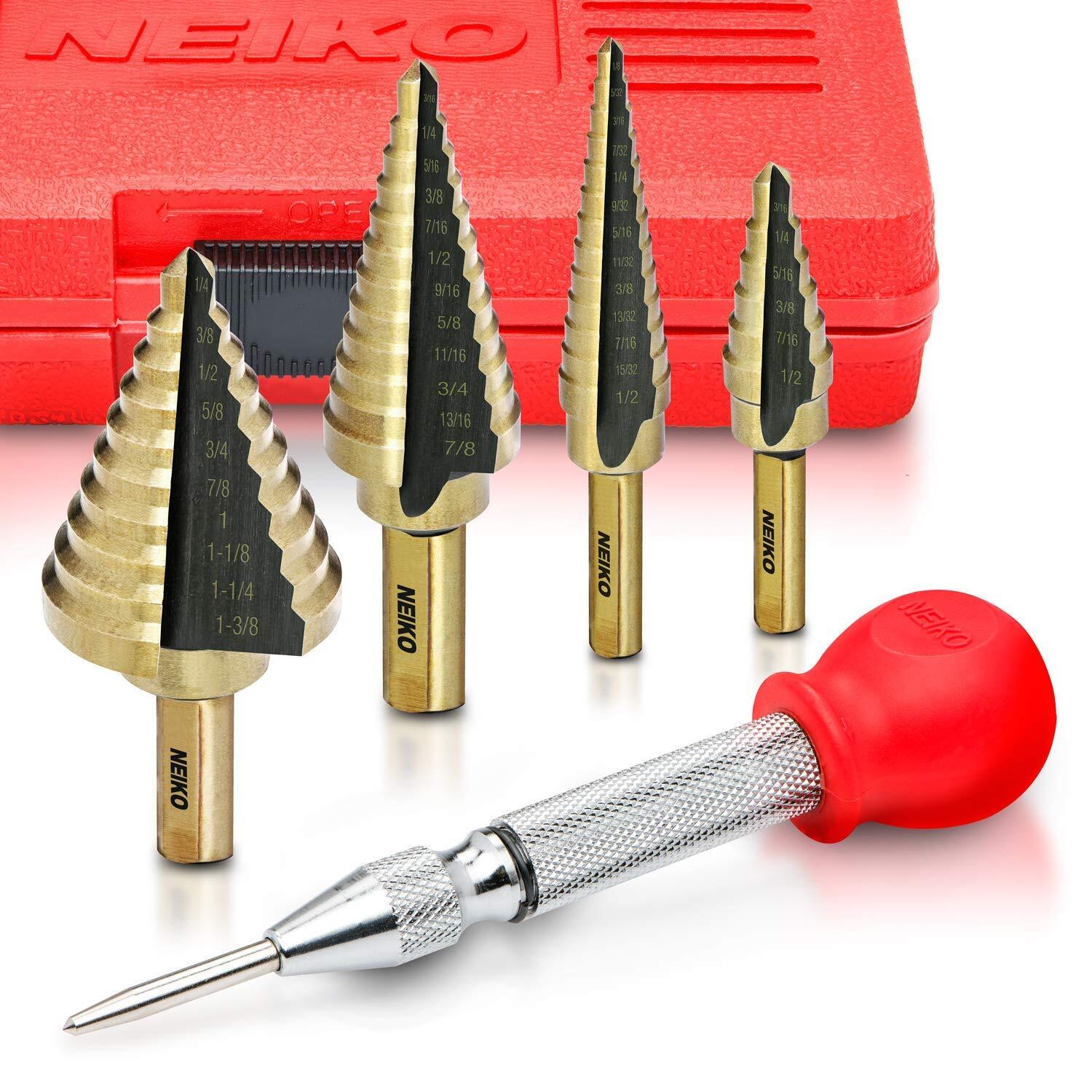 NEIKO 10169A Step Drill Bit Set and Automatic Center Punch | 5 Piece, 41 SAE ...