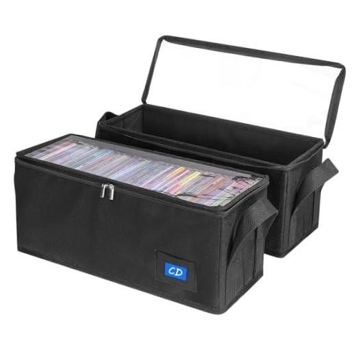 CD Case Holder with Handles and Clear Lid, 2-Pack Black CD Storage Box CD-2PACK