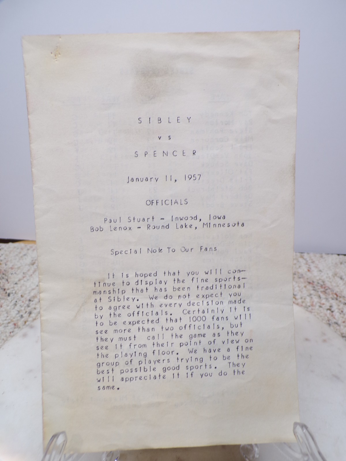 1957 Sibley vs Spencer Basketball Game Program IS FAMILY LISTED INSIDE?