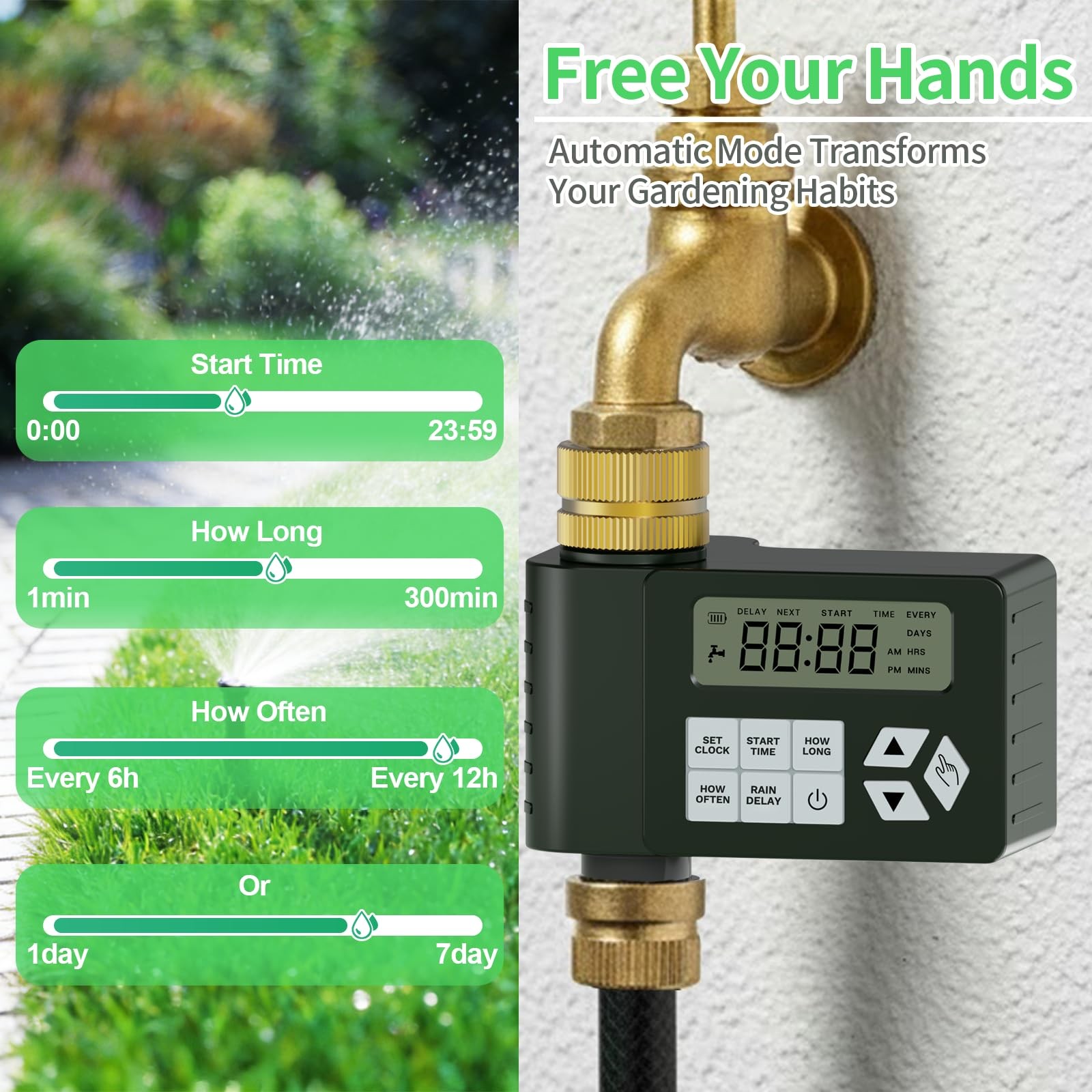 Outdoor Water Timer for Garden Hose, Programmable Sprinkler with Rain Delay,