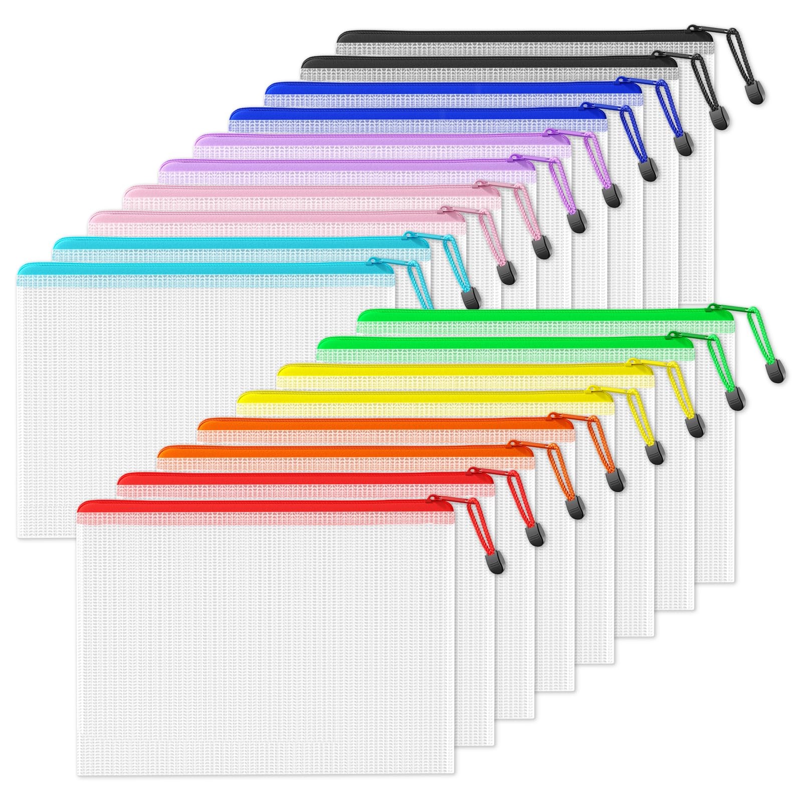 18 Pack XL Plastic Mesh Zipper Pouches 11x15 In 9 Assorted Colors Pouch
