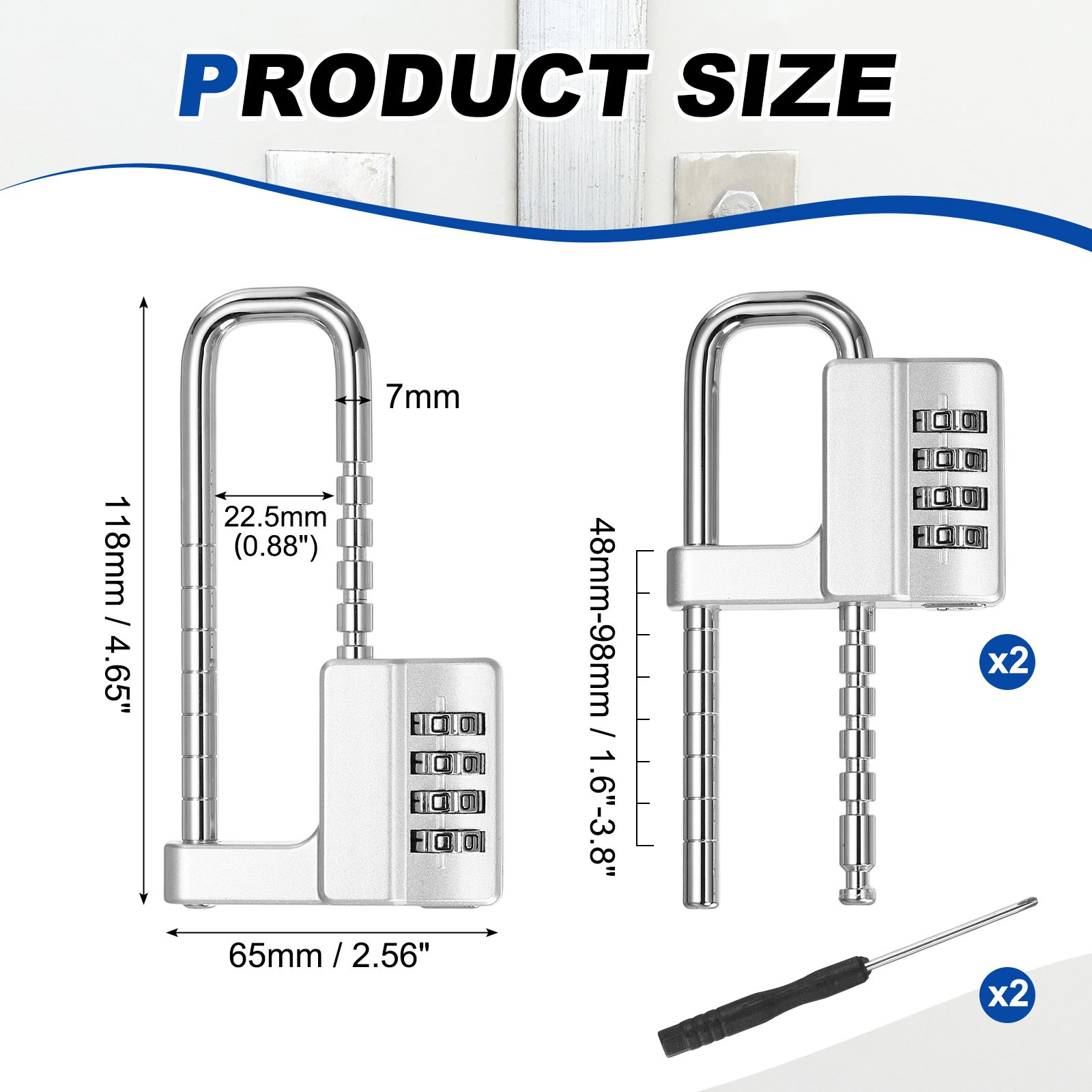 4 Digit Combination Padlock, (4.6 Inch, Silver)(2 Set), Cabinet Lock Adjustable