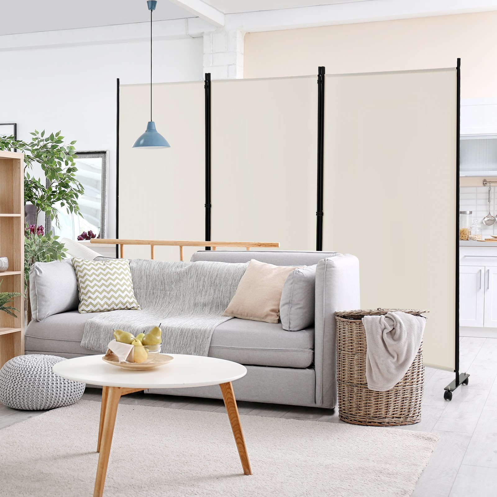 3-Panel Folding Room Divider 6' Rolling Privacy Screen w/Lockable Wheels White