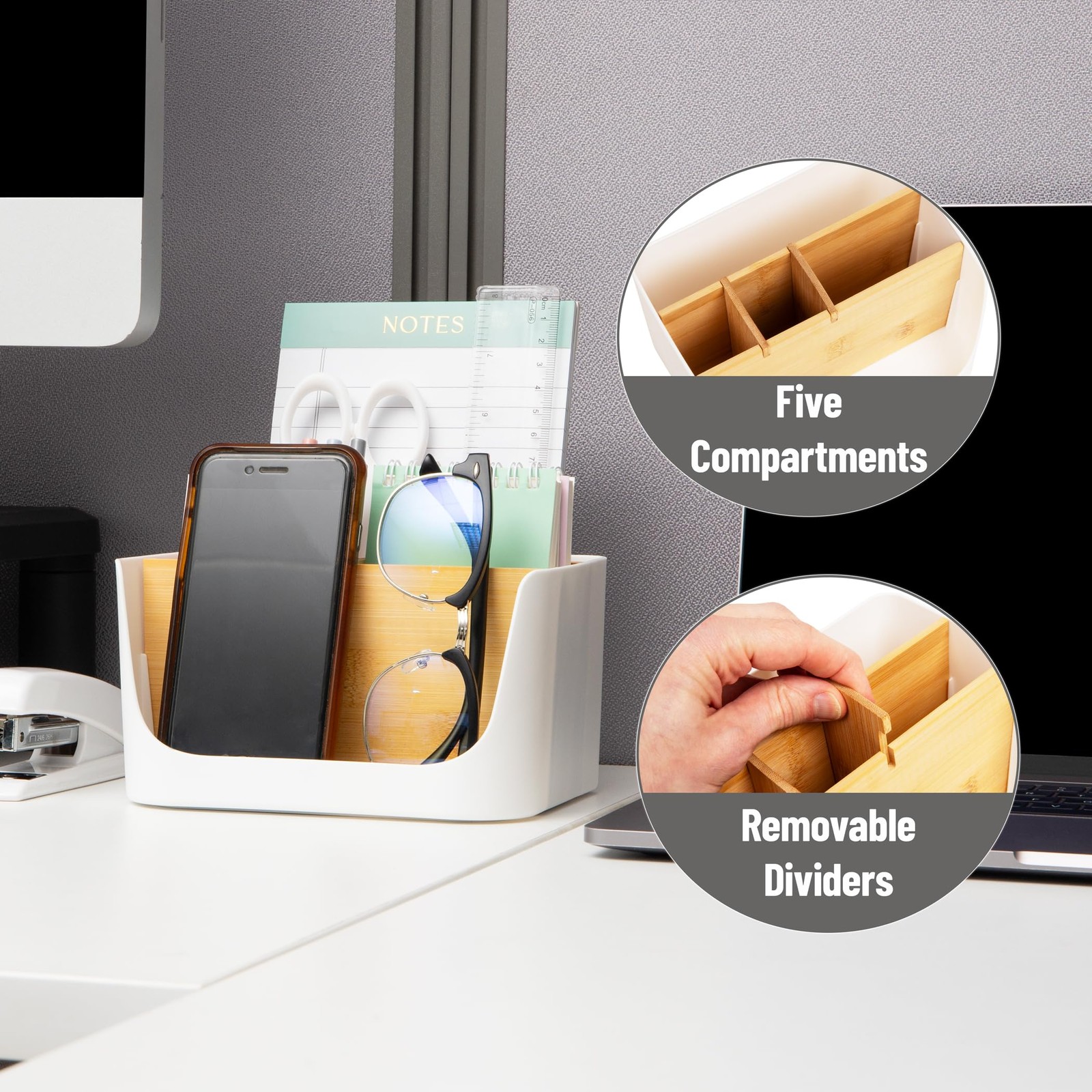 White 5Compartment Desktop Organizer Adjustable Caddy Plastic Wood Storage