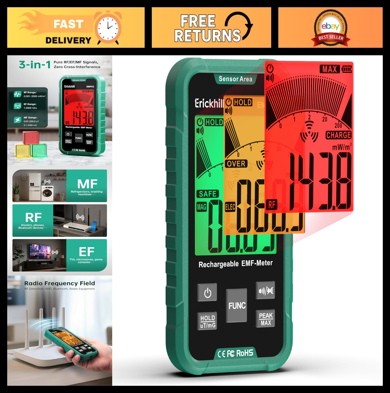 3-in-1 Portable EMF Meter & Radiation Detector - RF, EF, MF, WiFi, Sound-Light A