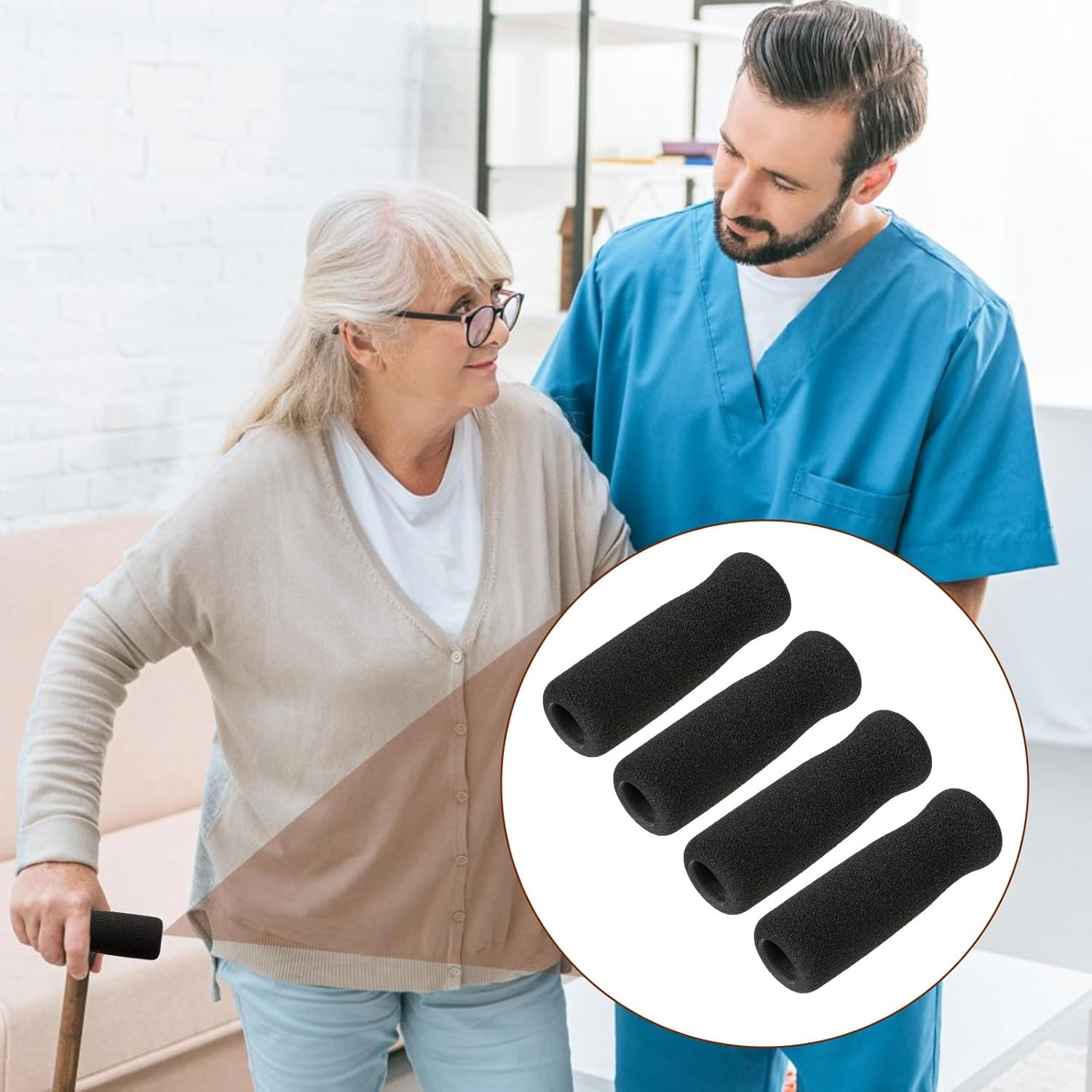 4 Pack Cane Grips - Black Foam Offset Handle Replacement for Seniors