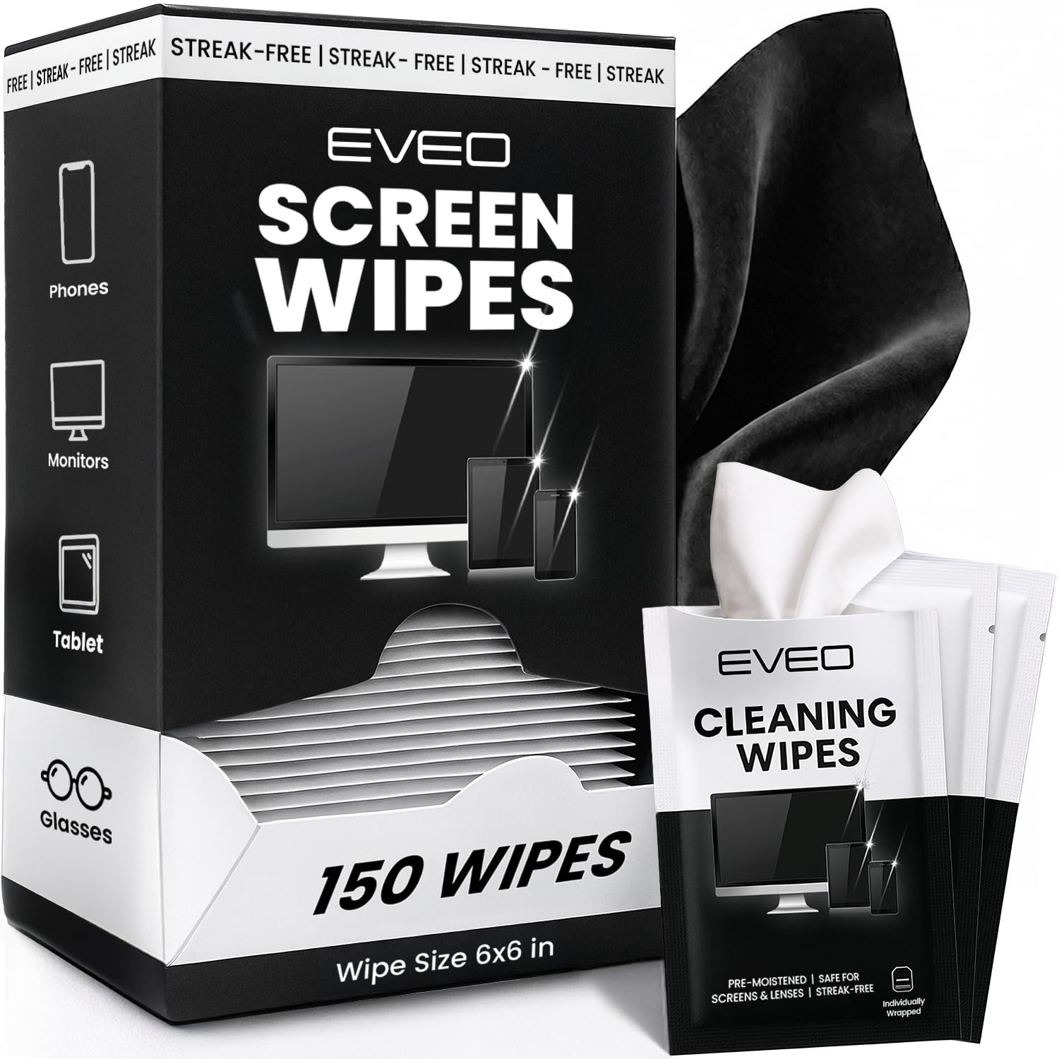 EVEO Screen Wipes (150 Pack) - Electronic Wipes, Computer 150 Pack, White