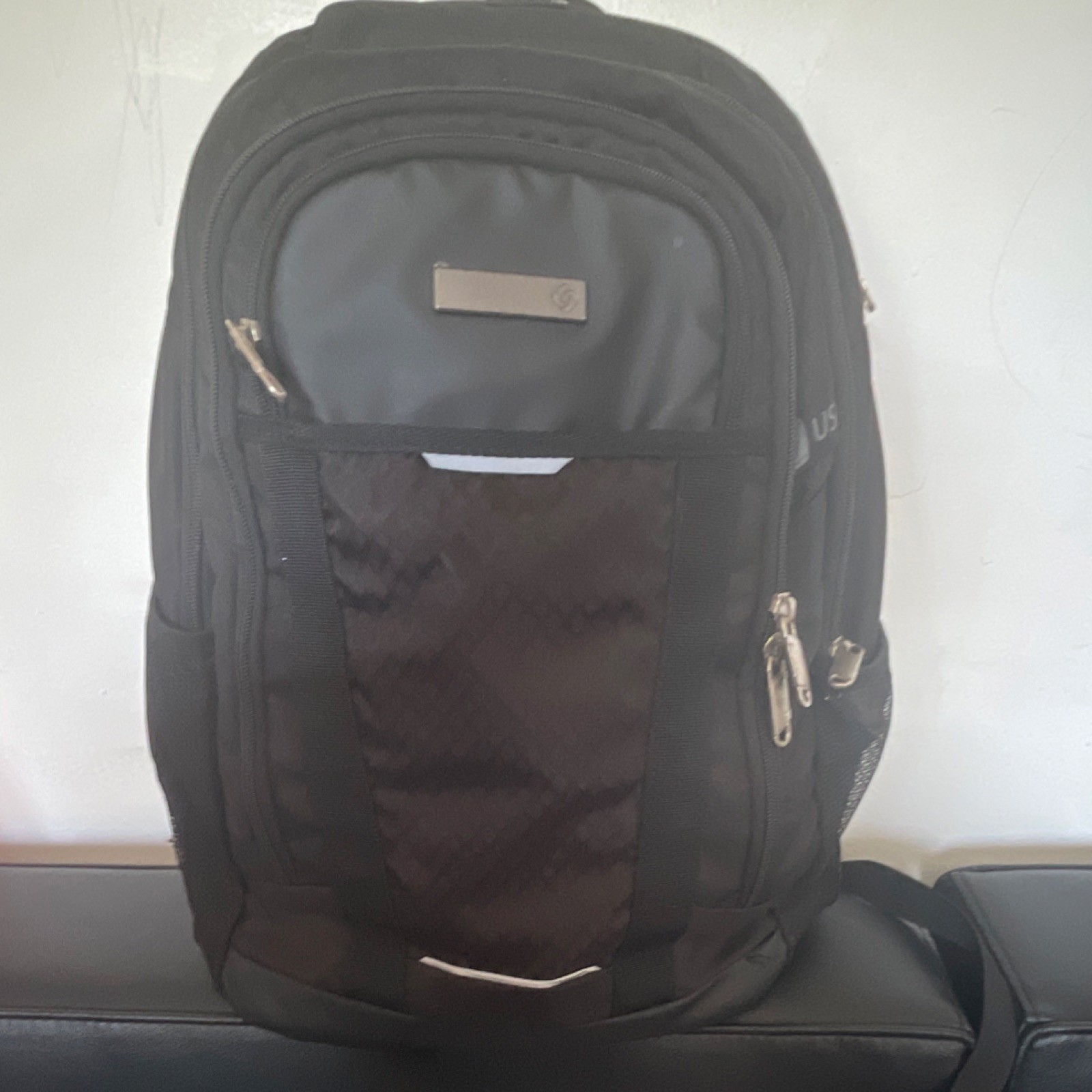 Black Nylon Laptop Backpack Geometric Pattern Built-In USB Port Used