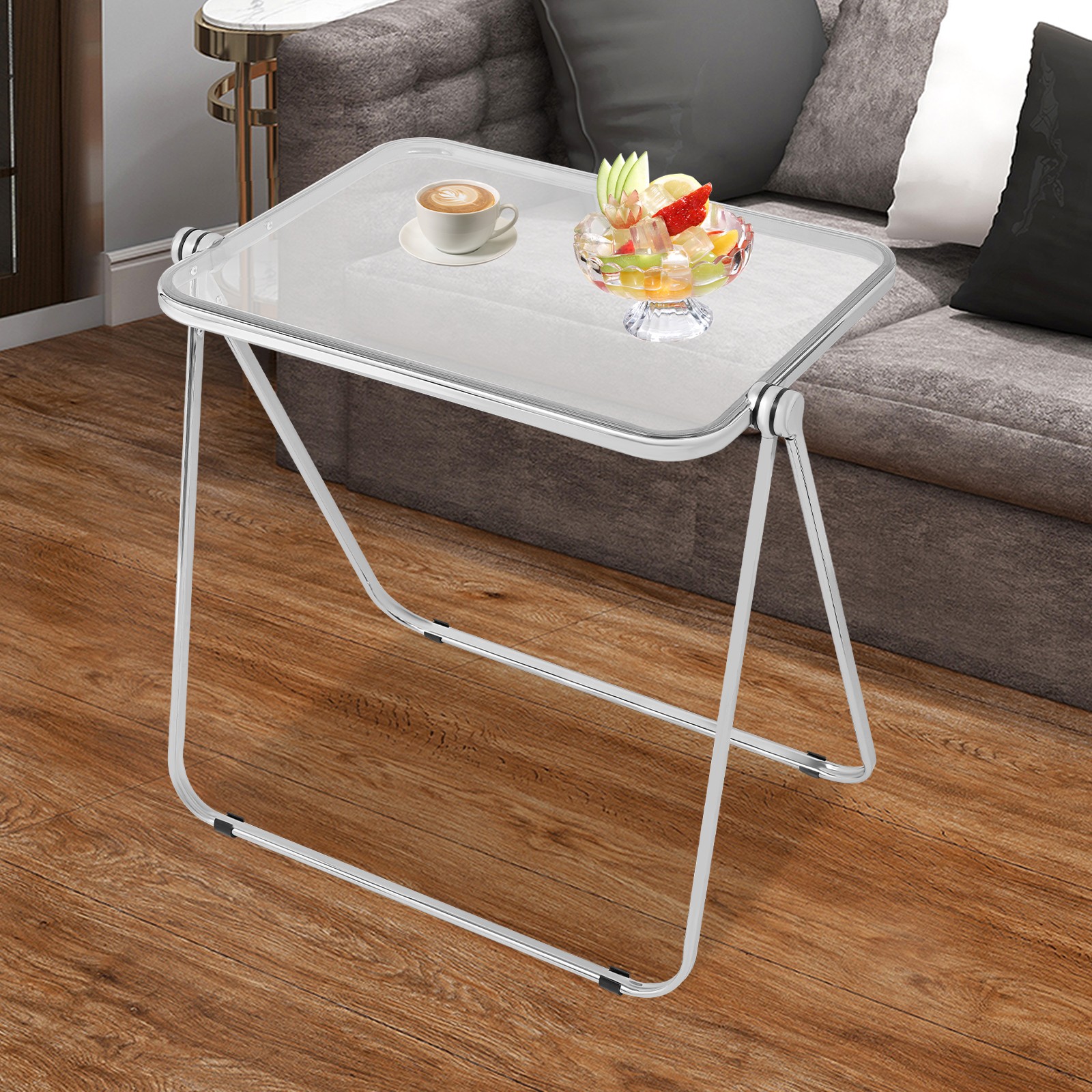 Silver& Clear Foldable Side Table Tiny Computer Desk for Home Office Indoor