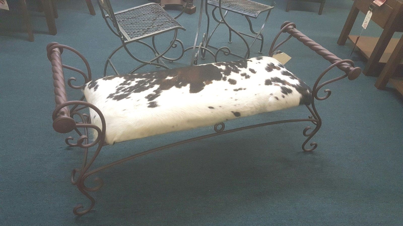 Western Rustic Cowhide Wrought Iron Bench Hair on Hide Bench