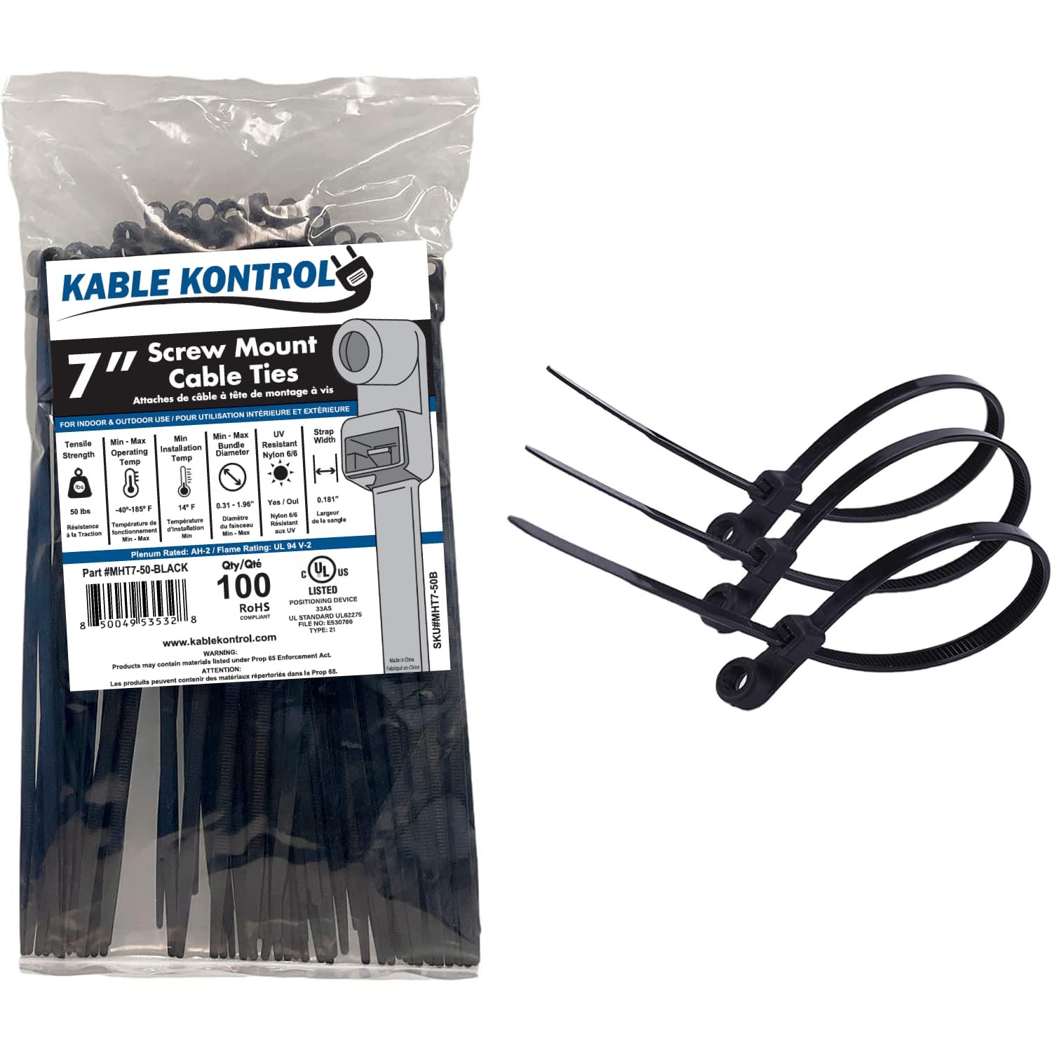 Kable Kontrol Zip Ties with Screw Hole, 7 Inch 7" - 50 Lbs - 100 Pcs, Black
