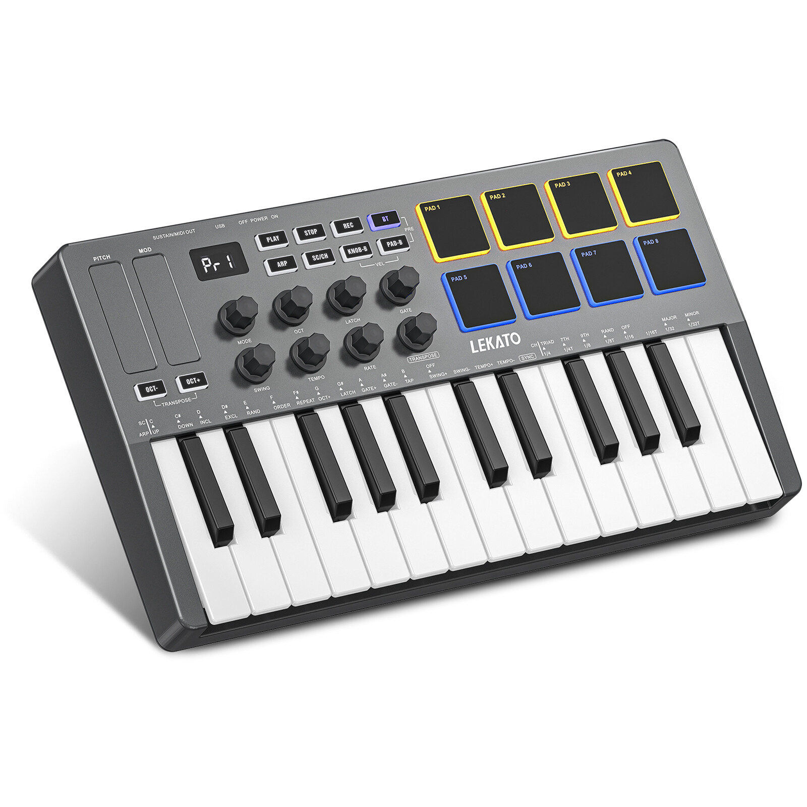 LEKATO 25 Key MIDI Keyboard Bluetooth Wireless USB Controller 8 Drum Pads SMK-25