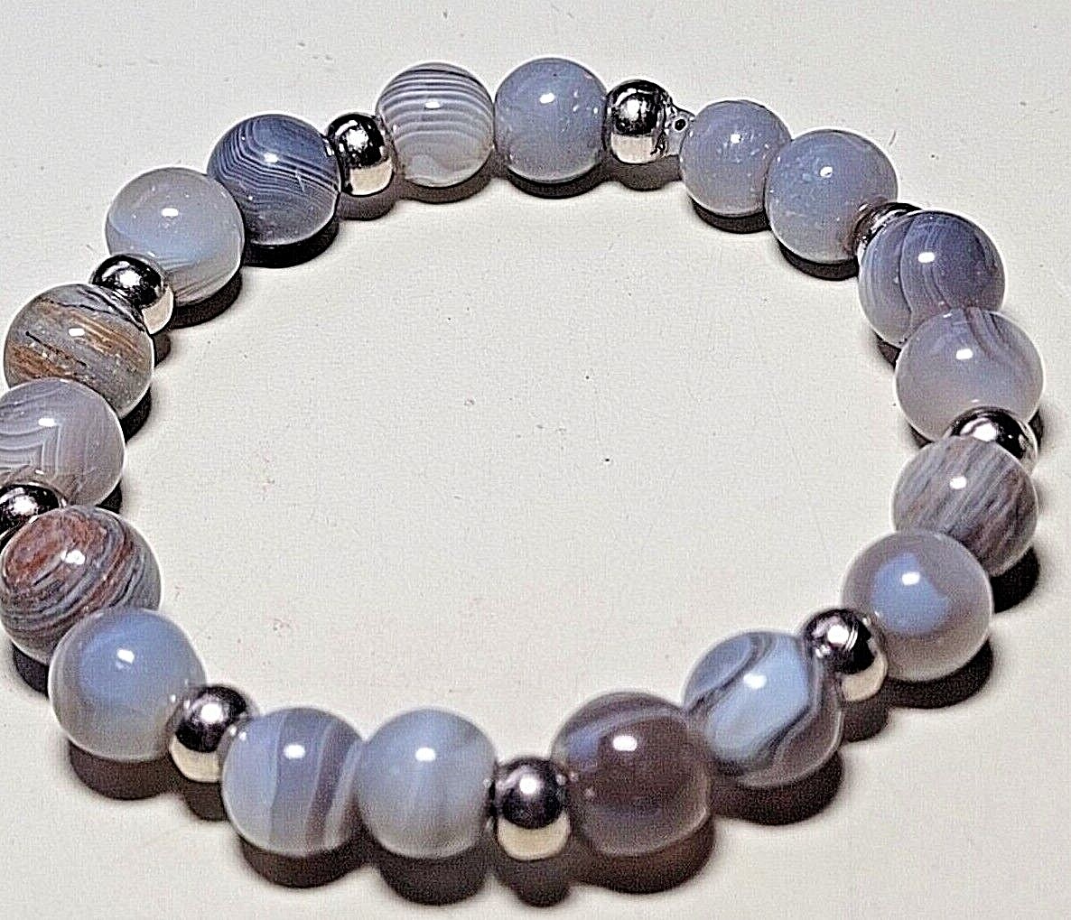 Gray Tree Agate Natural Gemstone Bracelet 7" Elasticated Healing Stone Handmade