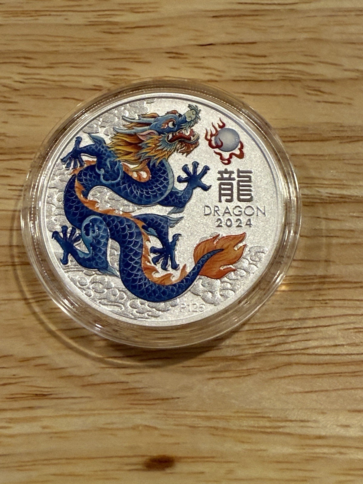 2024-1 oz Blue Year Of The Dragon Silver Color Lunar Perth BU Coin .999 Capsule