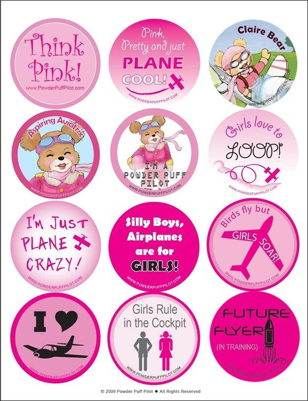 Sticker set for Girls from Powder Puff Pilot, 3 identical sheets, 12 designs ea.