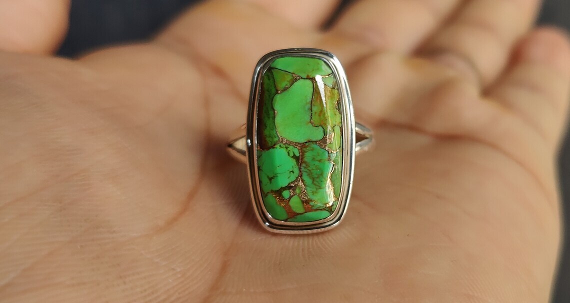 Good-Looking Copper Turquoise Gemstone 925 Sterling Silver Ring All Size