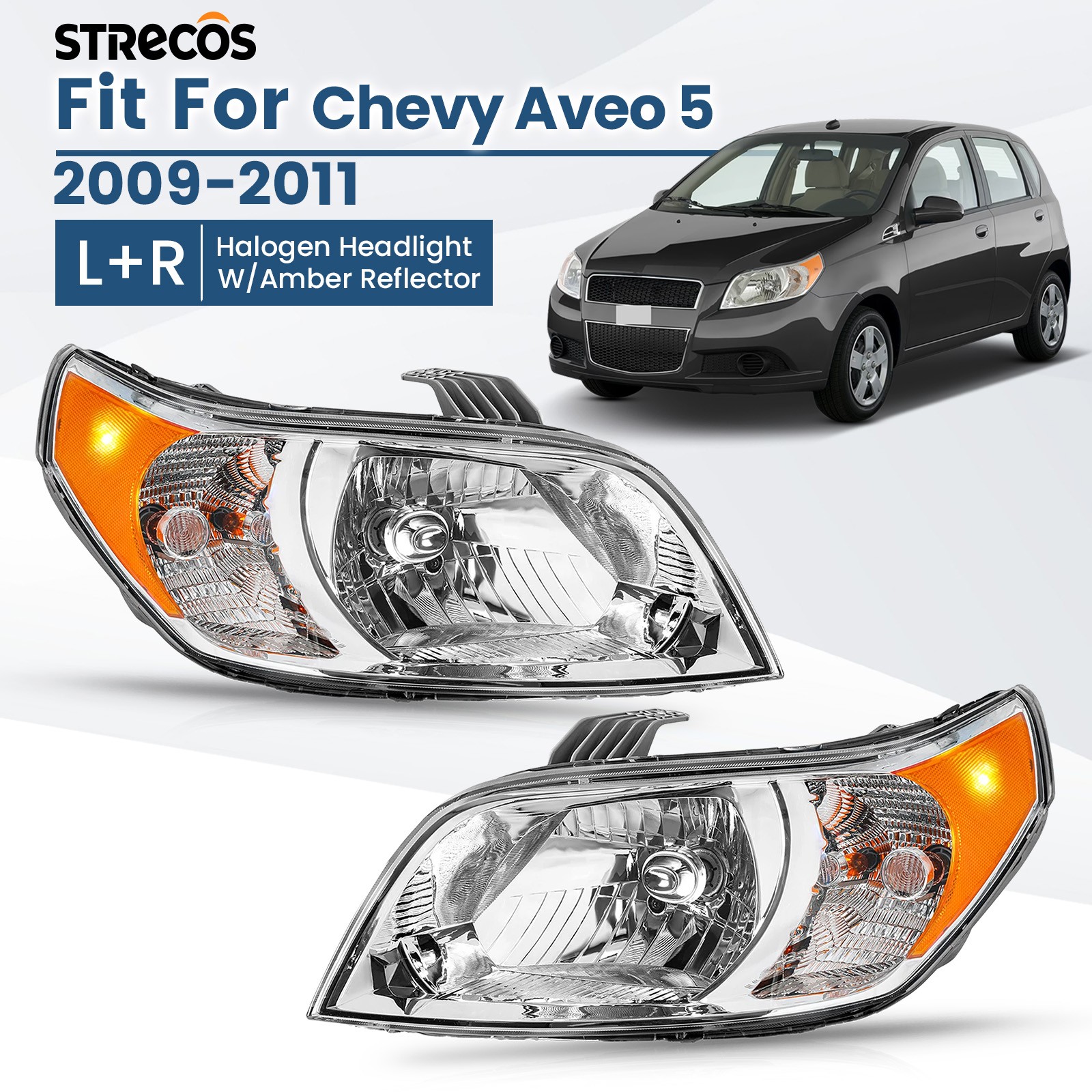 For 2009 2010 2011 Chevy Aveo 5 LS / LT Halogen Headlight W/Amber Reflector Pair